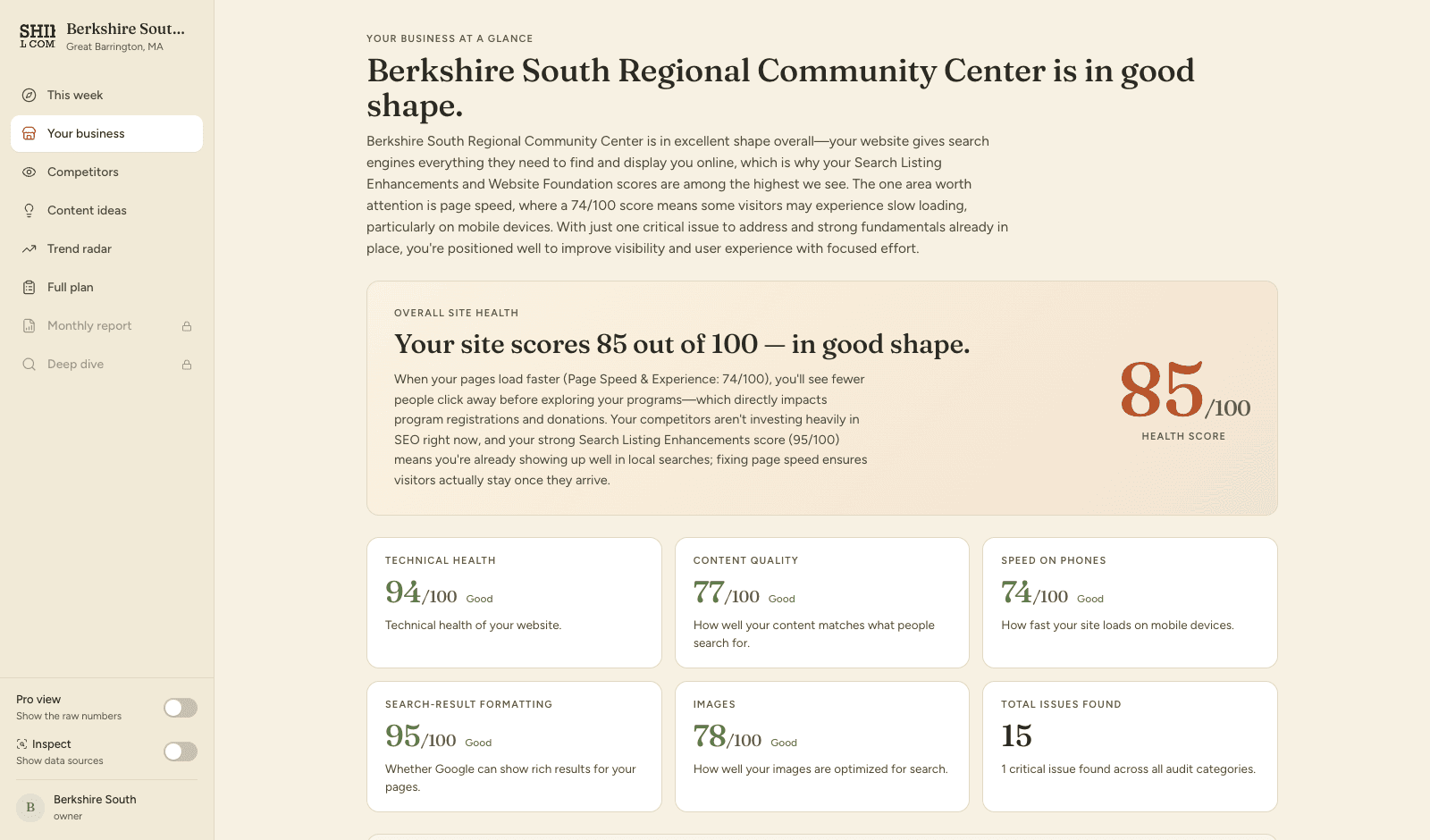 Advisor dashboard: overall site health with a plain-English summary of what changed
